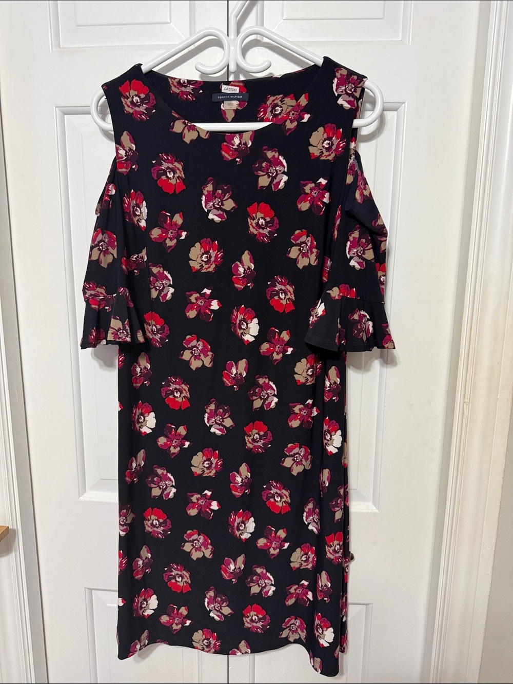 Tommy Hilfiger Black Floral Cold Shoulder Dress with Red & Purple Blooms Size 14